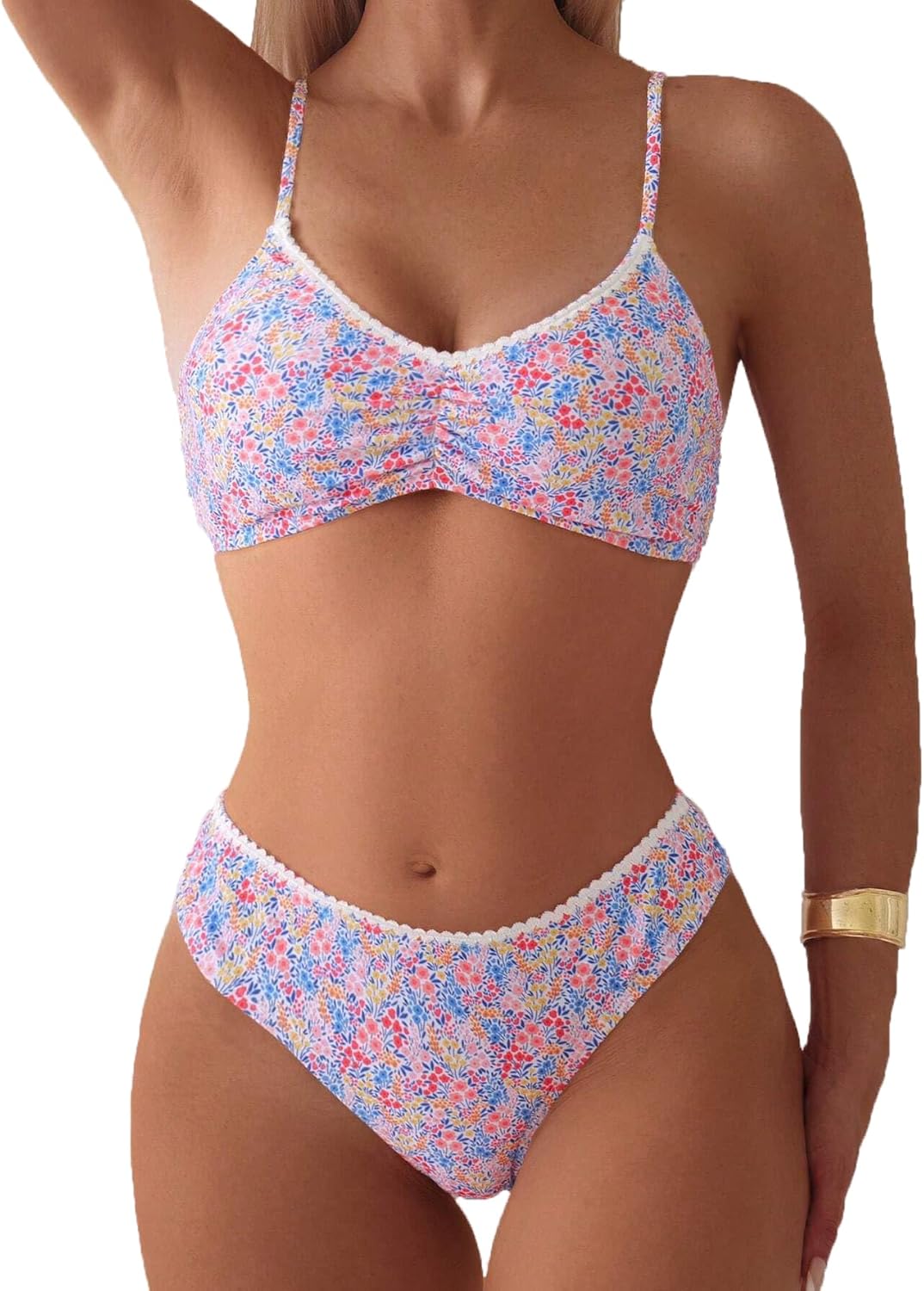 Limeeke Women's Bikini Sets Ditsy Floral Print Ruched Two Piece Swimsuits Spaghetti Strap Swim Bathing Suit 2025